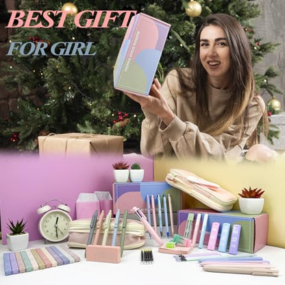 54Pcs Aesthetic School Supplies Set with Large Pastel Pencil Case 12 Dual Tip Highlighters, 6 Gel Pens, 5 Black Pens, 5 Mechanical Pencils (0.5-2.0mm) for Students Stationary College Essentials Gifts - color: Pink