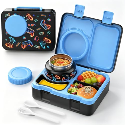 Kids Lunch Box with Thermo, Leakproof Bento Box for Kids with 8OZ Insulated Food Jar, Ice Pack, Sauce Cup, Utensils, Removable Tray & Dividers for School Daycare Travel (Game controllers) - color: Game controllers