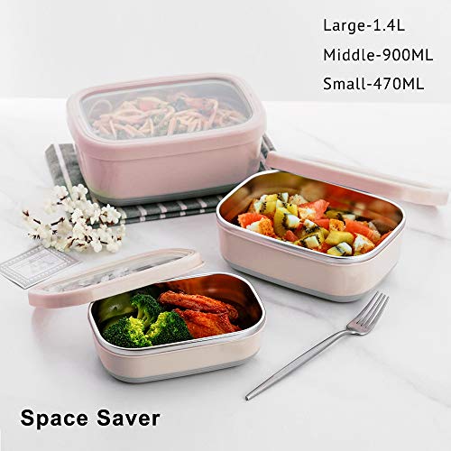 Lille Home Leak Proof Stainless Steel Lunch Snack Containers Set - Ideal for Educational Settings and Daycare - Nesting Trio with Silicone Lids - 47oz+30oz+16oz - Pink - color: Pink