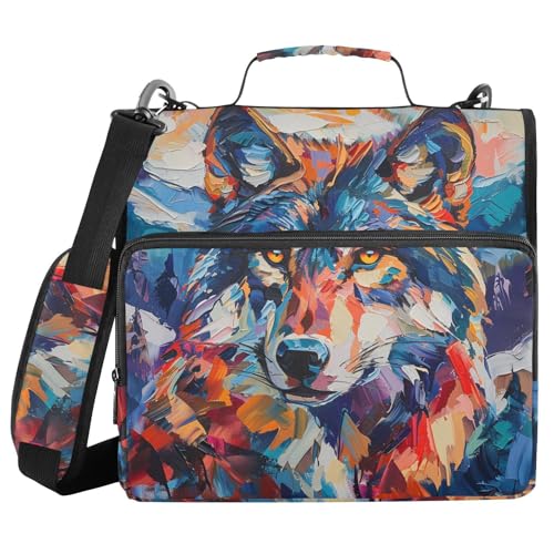 Mountain Wolf Colorful Zipper Binder with Shoulder Strap Bag 3 Ring Binder Organizer Large Capacity Multiple Compartments for School Office - color: Multicolored 27