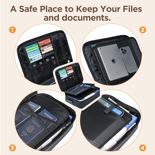 Document Bag with Lock, Fireproof File Storage Case with Water-Resistant, TENKER Organizer Box for Document, Safe Portable Travel Home Organizer for Laptop, Files, Certificates, Black(15''x11''x4'')