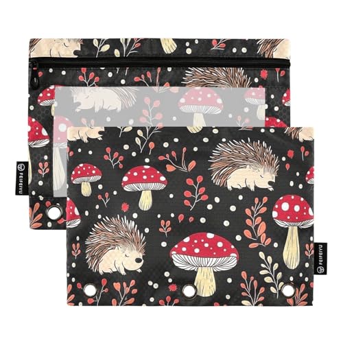Fustylead Cute Hedgehogs and Mushrooms Pencil Pouch Fits Standard 3-Ring Binders, Zipper Binder Pencil Bag with Clear Window for Office School Cosmetic 2 Pack - color: Black02