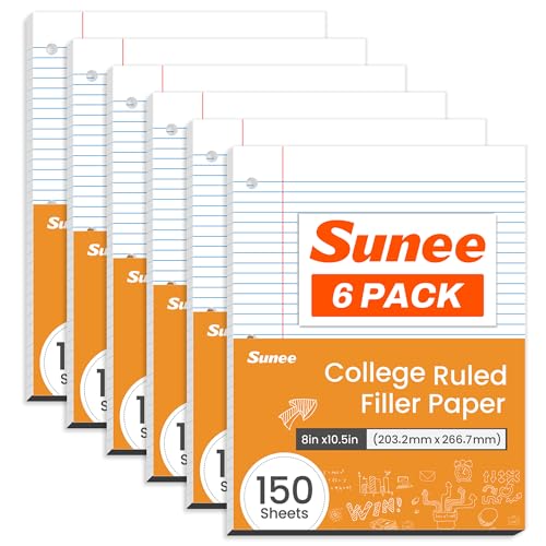 SUNEE Loose Leaf Paper, 900 Sheets, 6 Pack College Ruled Paper, 8 x 10-1/2 Inch Filler Paper, 3 Hole Punch Binder Paper, Loose Leaf Notebook Paper, 150 Sheets/Pack - size: College Ruled | 6 Pack