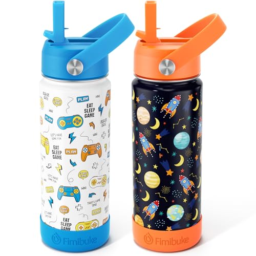 Fimibuke Kids Insulated Water Bottle, 18oz BPA FREE Kids Cups with Straw Double Wall Vacuum Tumbler 18/8 Stainless Steel Leak Proof Toddler Water Bottle for School Boys Girls (2 Pack, Game+Space) - color: A7. Game/Space