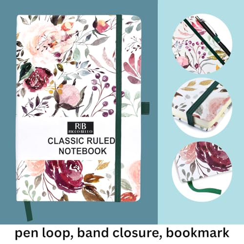 RICCO BELLO Lined Journal Notebook, Blossoms, Hardcover, 5.7x8.4" | 96 Sheets / 192 Pages, College Ruled, Pen Holder, For Work & Notes - color: Blossoms