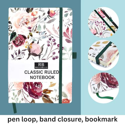 RICCO BELLO Lined Journal Notebook, Blossoms, Hardcover, 5.7x8.4" | 96 Sheets / 192 Pages, College Ruled, Pen Holder, For Work & Notes - color: Blossoms