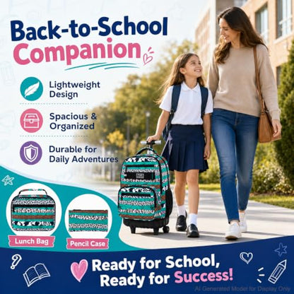 AGSDON Bold Leopard Stripe Wheeled Backpack Set – 20” Girls Rolling Bookbag with Matching Lunch Box for Travel, Commute & School | Water-Resistant Fashion Roller Organizer in Green - color: Rolling Backpack Set - Leopard Stripe Green