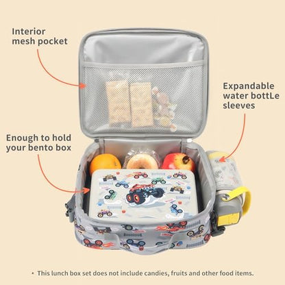 rockpapa Kids Lunch Box Set with 14oz Insulated Water Bottle & Lunch Bag, Leakproof 5.5 Cups Bento Box for School & Children, BPA-Free, Microwave Safe for Boys Girls (Grey Trucks) - color: Grey Trucks