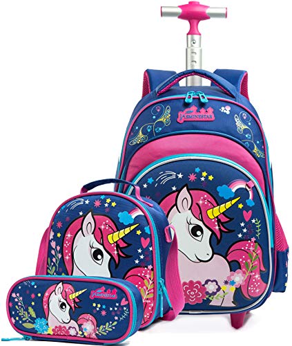 Meetbelify Girls Unicorn Rolling Backpacks Kids Backpack with Wheels for Girls School Bags with Lunch Box - color: 01 Blue