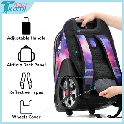 NEW TILAMI 19 inch Rolling Backpack Teens Rolling Backpack Cute Wheeled Laptop Backpack Bookbag Roller Travel Bag College, Starry Purple - color: Purple Starry