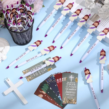 CroBlissful 48 Pcs Jesus Pens Bulk Christian Gift for Kid Jesus Loves You Sunday School Prize Religious Easter Gift Bible Verse Ballpoint Pen with Bookmarks for Catholic Easter(Classic Style) - style: Classic Style