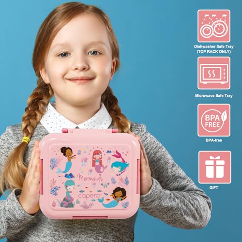 Caperci Bento Box for Kids Age 4-8 - Leak-Proof Toddler Lunch Box Container with 2 Modular Containers & 4 Compartments, Hold 4.8 Cups, Portable Handle, BPA-Free, Microwave/Dishwasher Safe (Mermaid) - color: Mermaid