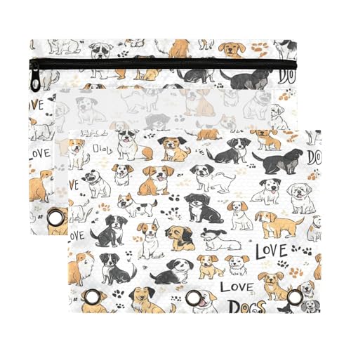 Kcldeci Pencil Pouch for 3 Ring Binder, Breeds Drawn Dogs 2 Pack Binder Pencil Pouch with Clear Window Pencil Bags with Zipper Pencil Case for binder - color: B01