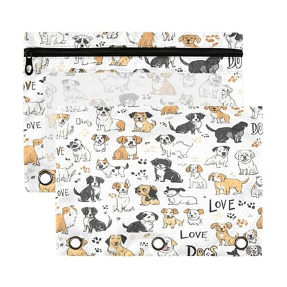 Kcldeci Pencil Pouch for 3 Ring Binder, Breeds Drawn Dogs 2 Pack Binder Pencil Pouch with Clear Window Pencil Bags with Zipper Pencil Case for binder - color: B01