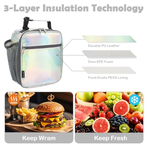 FlowFly Kids Lunch box Insulated Soft Bag Mini Cooler Back to School Thermal Meal Tote Kit for Girls, Boys(Holographic) - color: Holographic