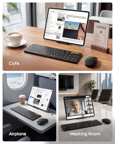 Foldable Keyboard and Mouse with Storage Bag, 2.4G+BT5.0 x 2 for Laptop | Full-Size US Layout, Quiet in Shared Spaces, Travel Essential, Wireless Mouse, USB-C Rechargeable, for Win/Mac/iOS/Android
