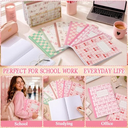 MotiMind 12 Pack Composition Notebooks Back to School Coquette College Ruled Lined 120 Pages Floral Bow Plaid Cherry Composition Books for First Day of School Women Student Supplies, 9.75 x 7.5in