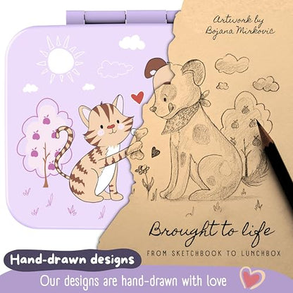 BEARFOOT Kids Lunch Box with Compartments – Compact & Lightweight | Leak-Proof, BPA-Free, Dishwasher Safe | Hand-Drawn Design for Preschool, School, Travel (Dog & Cat Purple, 4 Cups) | BPA Free Leakproof Lunch Box with Compartments School & Nursery for Gi