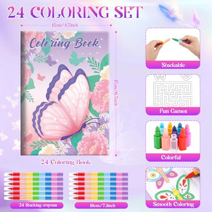 BenLouis 24 Butterfly Mini Coloring Books Kids with 24 Stacking Crayons Butterfly Theme Party Favors Activity Books Bulk for Kids Spring Fairy Birthday Goodie Bag Gift Stuffer Classroom Reward - style: Butterfly