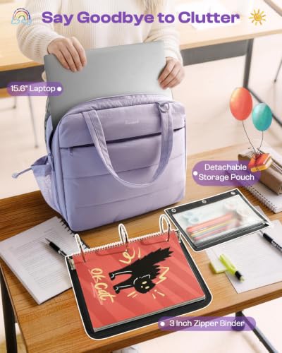 Puffer Zipper Binder 3 Ring with Pencil Pouch, 3" D-ring Binder with Zipper and Shoulder Strap, 600 Sheets Capacity Zip Up Binder with 15.6" Laptop Pocket, Binder Bag for School College Office, Purple - color: Purple