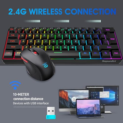 Snpurdiri 60% Wireless Gaming Keyboard and Mouse Combo, Include 2.4G Small Mini 60% Merchanical Feel Keyboard, Ergonomic Design Vertical Feel Wireless Mouse - color: Black Combo
