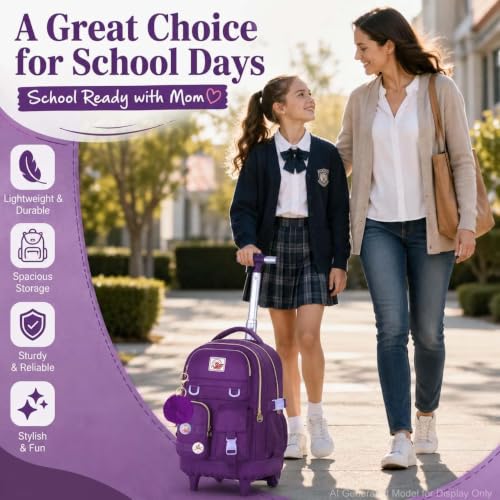 WZLVO Rolling Backpack for Girls Women, 21 inch Water Resistant Roller Wheels Backpacks, Wheeled Bookbag with Lunch Bag for Teen Elementary School Travel - Dark Purple - color: Dark Purple