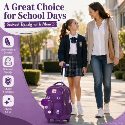 WZLVO Rolling Backpack for Girls Women, 21 inch Water Resistant Roller Wheels Backpacks, Wheeled Bookbag with Lunch Bag for Teen Elementary School Travel - Dark Purple - color: Dark Purple