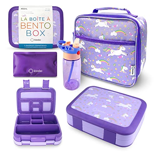 Bento Box with Insulated Lunch Bag, Ice Pack & Water Bottle Set for Kids - 5 Compartments, Lunches or Snack Container Girls, Toddlers Daycare Pre-School, Kindergarten Purple Unicorn - color: Purple Unicorn Bento Set