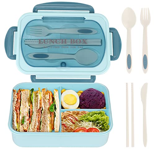 Bento Box for Adult, 1200 ML Lunch Containers, LeakProof Lunch Box with Utensils, BPA Free, 3 Compartment Bento Box Microwave Safe, Blue - color: Blue