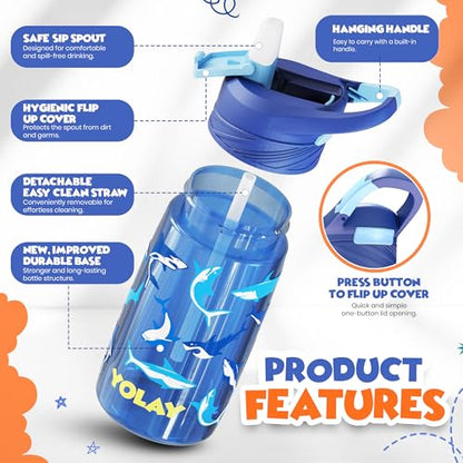 YOLAY 15oz Kids Water Bottle For School Boys and Girls, Durable Toddler Water Bottle with Straw Lid Leak-Proof, Spill Proof, Easy Clean and Dishwasher Safe with Re-Usable and BPA Free - Shark - color: Shark