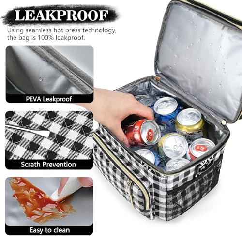 LOKASS Lunch Box for Women-16L-Insulated Lunch Bag Women, Expandable Double-layer Leakproof Cooler Bag with Upgrade Adjustable Shoulder Strap Ideal for Work/Travel/Picnics（Black&White Check） - color: Black&White Check