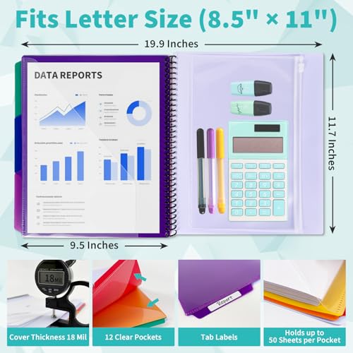 Binditek 12-Pocket Poly Project Organizer, 6 Dividers, Blue | Multi Pocket Folder, Heavyweight Poly Cover, Clear Front Pocket, 1/3-Cut Tabs, Fixed Zipper Pouch, Letter Size - color: Blue