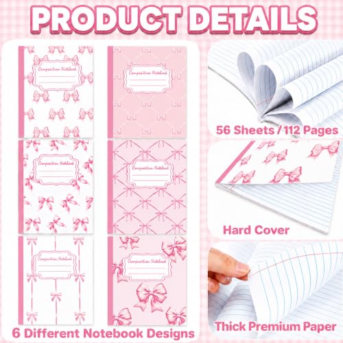 6 Packs 112 Pages Composition Notebook for Back to School 7-1/2" x 9-3/4" | Cute Pink Bow Composition Notebook College Ruled Bulk for First Day of School Office - color: Pink