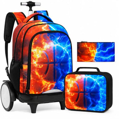 gxtvo Large Wheels & Quiet Glide | Rolling Backpack for Kids - Water-Resistant Wheeled Bag with Lunch Box for School, Travel & Outings - Fire & Lightning Basketball - color: Rolling Backpack Fire Lightning Basketball