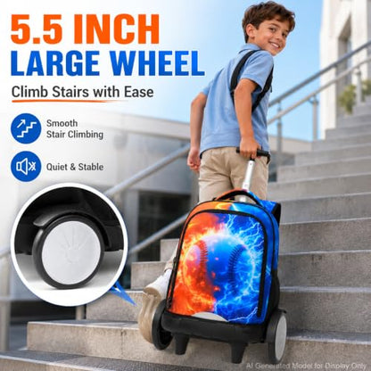 gxtvo Large Wheels & Quiet Glide | Rolling Backpack for Kids - Water-Resistant Wheeled Bag with Lunch Box for School, Travel & Outings - Fire & Lightning Baseball - color: Rolling Backpack Fire Lightning Baseball