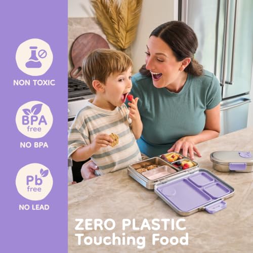 Good Bare Stainless Steel Snack Container for Kids | 2-Compartment Metal Bento Box | Removable Silicone Seal, BPA-Free | Leak-Resistant, Dishwasher Safe | Updated Easy-Open Latch - color: Lavender Mist