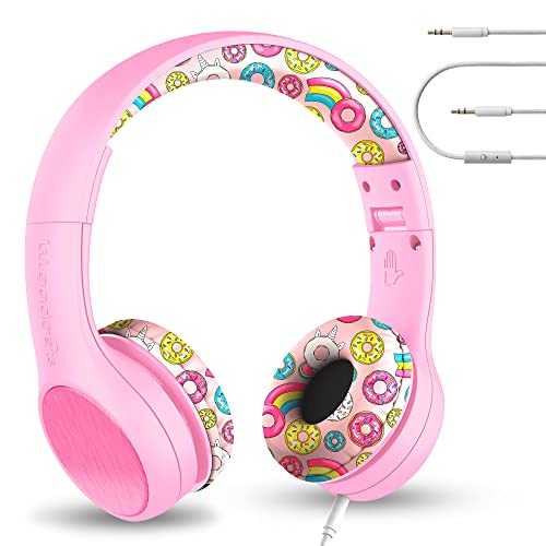 LilGadgets Girls Wired Headphones - Pink Doughnut On-Ear Ages 3+ - Built-in Mic & SoftTouch Padding - SharePort Audio Sharing - Detachable Braided Cable & Volume-Limiting Safety - color: Pink Doughnuts