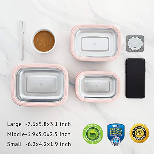 Lille Home Leak Proof Stainless Steel Lunch Snack Containers Set - Ideal for Educational Settings and Daycare - Nesting Trio with Silicone Lids - 47oz+30oz+16oz - Pink - color: Pink