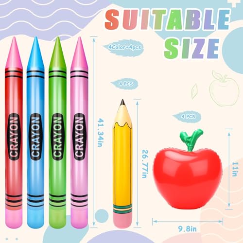 SAYAYA 12 Pcs Large Inflatable Pencil Balloons Set Jumbo Inflatable Crayons Red Apple-Shaped Balloons Back to School Hanging Decor for Classroom Garden Room Birthday Party Decorations - style: Pencil & Crayons & Red Apple