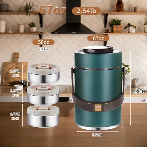 67 oz Adults Stainless Steel Vacuum Insulated Wide Mouth Soup Food Thermo Hot Food Jar with Keep Thermal Portable 3 Tier Stackable Bento Hot Food Containers Lunch Boxes (67 oz Green) - color: 67 oz Green