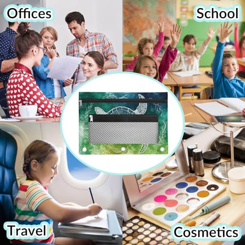 Sea Turtle Pencil Pouch for 3 Ring Binder Teal Green Pencil Case Bag with Clear Window Zipper Pockets for Kids Girls Boys Students School College Supplies 2 Pack - color: Teal Green