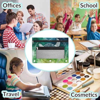 Sea Turtle Pencil Pouch for 3 Ring Binder Teal Green Pencil Case Bag with Clear Window Zipper Pockets for Kids Girls Boys Students School College Supplies 2 Pack - color: Teal Green