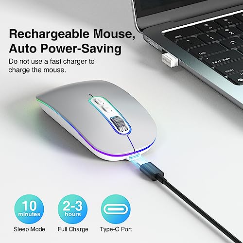 cimetech Rechargeable Wireless Mouse, 2.4G & BT Slim Mouse for MacBook with USB Receiver, Silent Click, 1600 DPI for Office Travel Mac Air Pro/PC/Laptop/Computer - color: Silver