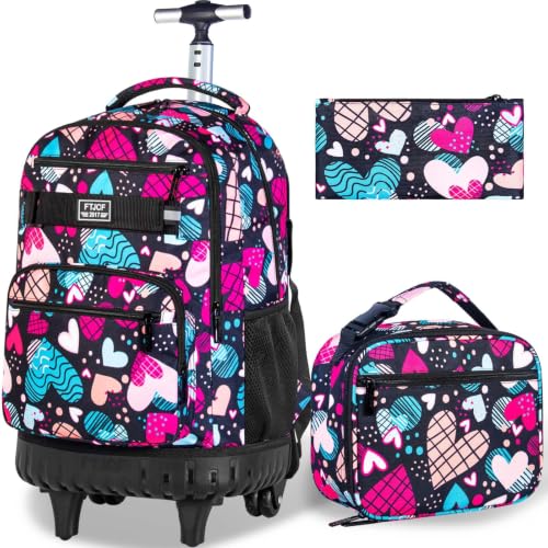 gxtvo Rolling Backpack for Girls, Adults Wheeled Bookbag with Lunch Box for Women, Kids Water Resistant Roller School Bag for College Teens Travel - Love Heart - color: Love Heart