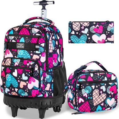 gxtvo Rolling Backpack for Girls, Adults Wheeled Bookbag with Lunch Box for Women, Kids Water Resistant Roller School Bag for College Teens Travel - Love Heart - color: Love Heart
