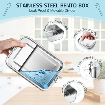 TeamFar Stainless Steel Bento Box, 47oz/1400ML Large Metal Lunch Box | Lunch Container for Adults / Kids, for Home/School/Office/Travel, with 2 Removable Dividers, Leak-Proof & Dishwasher Safe - size: 1400ML