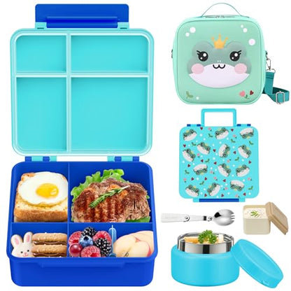 Kids Bento Box - 4 Compartment, Leak-Proof, with Soup Thermo | 9oz Soup Thermo Included, Insulated Lunch Bag, For Boys & Girls, School & Travel - color: Frog-Blue