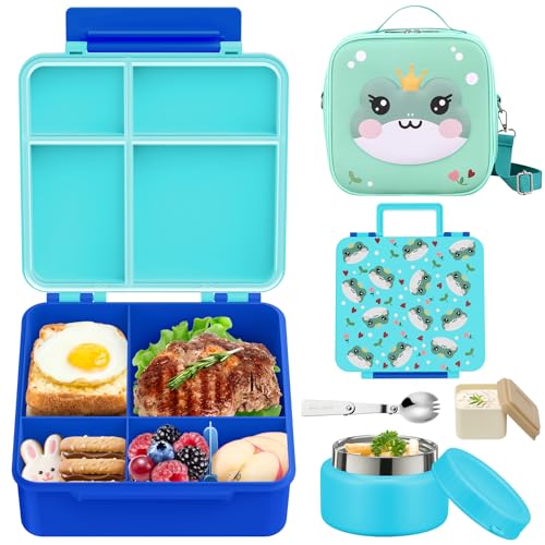 Kids Bento Box - 4 Compartment, Leak-Proof, with Soup Thermo | 9oz Soup Thermo Included, Insulated Lunch Bag, For Boys & Girls, School & Travel - color: Frog-Blue