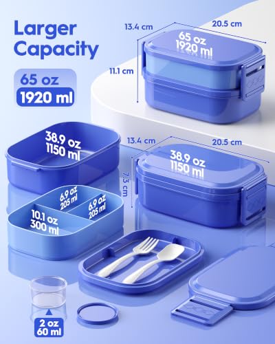 BiuLeon Bento Box Adult Lunch Box, 65 Oz Capacity Lunch Containers(Adjustable 2/3 Tier), BPA-Free, Leak-Proof and Stackable Bento Lunch Box, Microwave & Dishwasher Safe with Utensils(Blue) - color: Blue