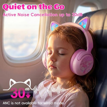 Kids Bluetooth Headphones with LED Cat Ears, Active Noise Cancelling Headphones for Kids, 85dB Safe Volume, 40H Play Time, Bluetooth 6.0, Fast Charging, Built-in Mic for iPad/Tablet/Airplane, Pink - color: Pink
